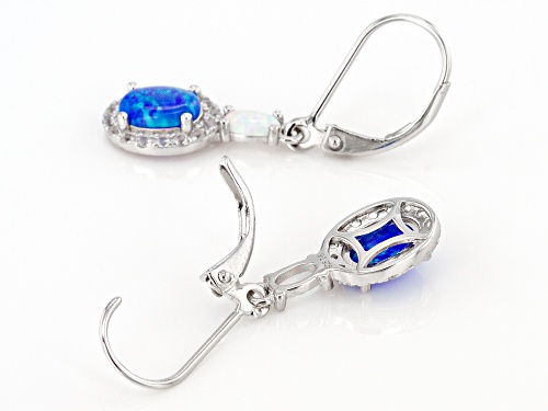 Lab Blue Opal, Lab White Opal With 0.43ctw Lab White Sapphire Rhodium Over Silver Earrings