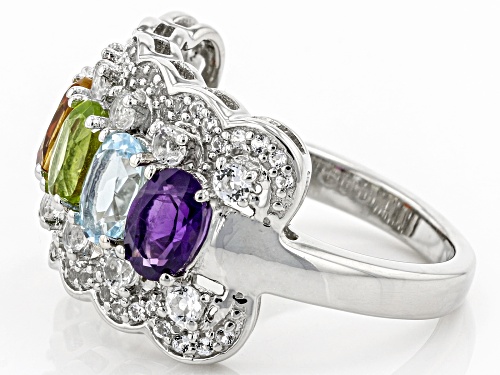 2.22ctw Oval Multi-Gemstones With 0.48ctw Round White Topaz Rhodium Over Sterling Silver Ring - Size 7