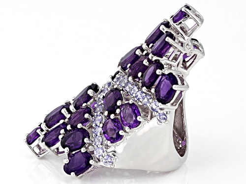10.86ctw Oval Amethyst With 1.15ctw Round Tanzanite Rhodium Over Sterling Silver Ring - Size 6
