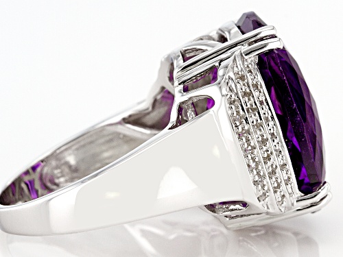 10.00ct Oval African Amethyst With 0.34ctw Round White Zircon Rhodium Over Sterling Silver Ring - Size 7