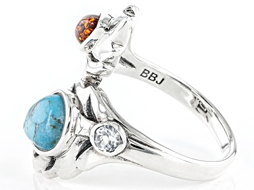 10x7mm Pear Shape Turquoise With Amber And 0.12ct Glacier Topaz™ Sterling Silver Ring - Size 9