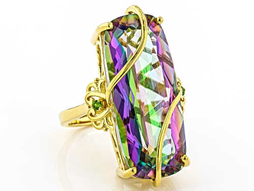 17.85ct Cushion Multi-Color Quartz With 0.05ctw Chrome Diopside 18K Yellow Gold Over Silver Ring - Size 8