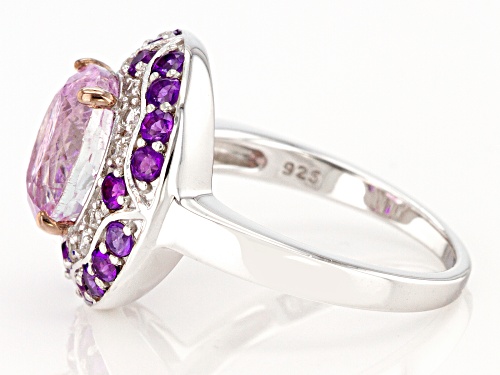 2.77ct Oval Kunzite with .60ctw African Amethyst & .13ctw White Zircon Rhodium Over Silver Ring - Size 8