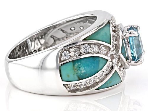 1.07ct Oval blue zircon with turquoise and .68ctw white zircon rhodium over sterling silver ring - Size 5