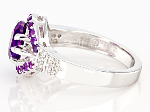 1.83CTW ROUND AMETHYST WITH .09CTW WHITE ZIRCON RHODIUM OVER STERLING SILVER RING - Size 7