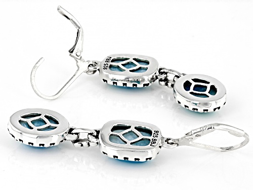 9x7mm Oval and 9x7mm Rectangular Cushion cabochon Larimar Rhodium Over Silver Dangle Earrings