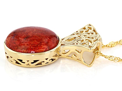 16x13MM OVAL CABOCHON SPONGE RED CORAL 18K YELLOW GOLD OVER STERLING SILVER PENDANT WITH CHAIN