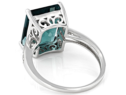 6.46ct Emerald Cut Teal Fluorite and .25ctw Zircon Rhodium Over Silver Ring - Size 8