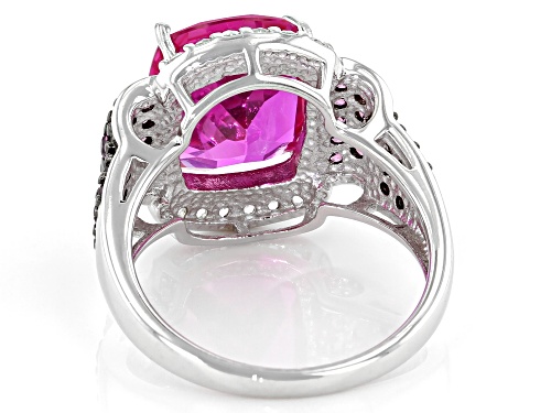 7.07ctw Lab Pink Sapphire, Raspberry Color Rhodolite and White Topaz Rhodium Over Silver Ring - Size 7