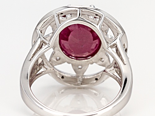5.24ct Indian Ruby, .04ctw Diamond Accent, And .21ctw Zircon Rhodium Over Sterling Silver Ring - Size 7