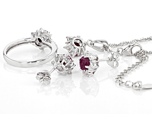 2.04ctw Ruby With .03ctw Round Diamond Accent Rhodium Over Sterling Silver Jewelry Set