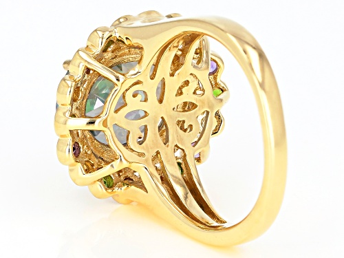 4.96ct Mystic Fire® Green Topaz, .55ctw Multi-Gem & .02ctw Diamond Accent 18k Gold Over Silver Ring - Size 6