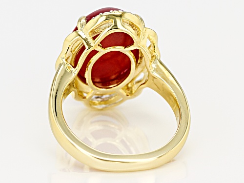 16x12mm Oval Red Coral With Two White Diamond Accent 18k Yellow Gold Over Silver Ring - Size 7