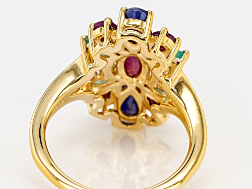 2.38ctw Ruby, Emerald, Blue Sapphire & .01ctw Two Diamond Accents 18k Gold Over Silver Ring - Size 10