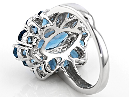 4.46ctw London Blue Topaz with .01ctw Four Diamond Accent Rhodium Over Sterling Silver Ring - Size 7