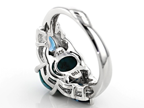11x9mm Turquoise w/ .83ctw London Blue Topaz & .01ctw White Diamond Accent Rhodium Over Silver Ring - Size 7