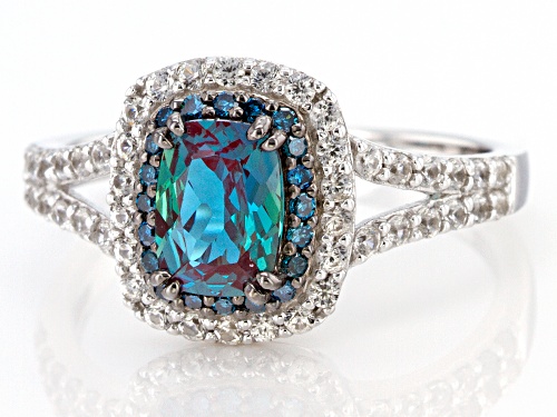 0.85ctw cushion lab alexandrite with 0.10ctw diamond, 0.55ctw white zircon rhodium over silver ring - Size 10