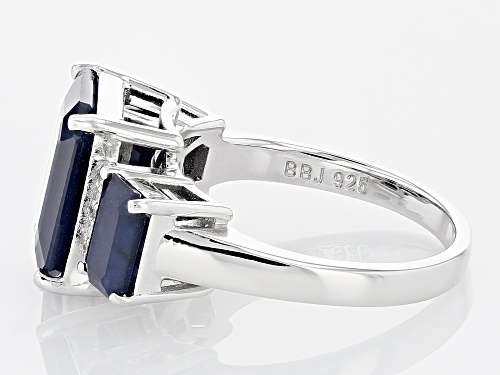 7.57ctw Rectangular Octagonal Blue Sapphire With 0.03ctw White Diamond Rhodium Over Silver Ring - Size 7
