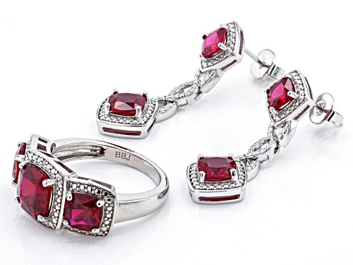 18.41ctw Lab Ruby And White Diamond Rhodium Over Brass Necklace, Bracelet, Ring And Earring Set