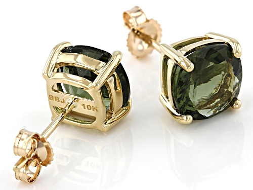 2.50ctw Square Cushion Moldavite 10K Yellow Gold Solitaire Stud Earrings