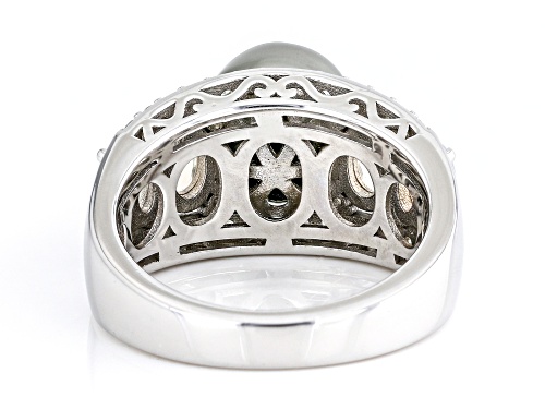 9-9.5mm Cultured Tahitian Pearl with Ethiopian Opal & White Zircon Rhodium Over Sterling Silver Ring - Size 11