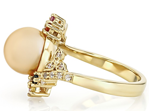 9-10mm Golden Cultured South Sea Pearl with Multi Sapphire & White Zircon 18k Gold Over Silver Ring - Size 10
