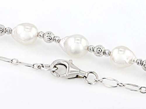 7-8mm White Cultured Japanese Akoya Pearl Rhodium Over Sterling Silver Necklace - Size 18