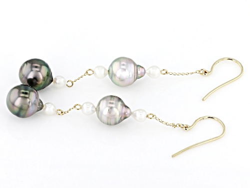 3-4mm Cultured Japanese Akoya & 8-10mm Cultured Tahitian Pearl 14k yellow Gold Dangle Earrings