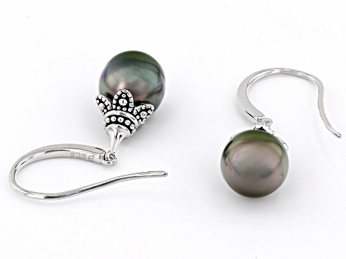 9.5mm Black Cultured Tahitian Pearl Rhodium Over Sterling Silver Drop Earrings