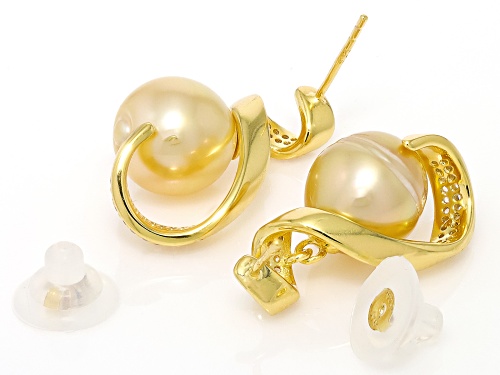 10-11mm Golden Cultured South Sea Pearl & 0.61ctw White Zircon 18k Gold Over Silver Earrings