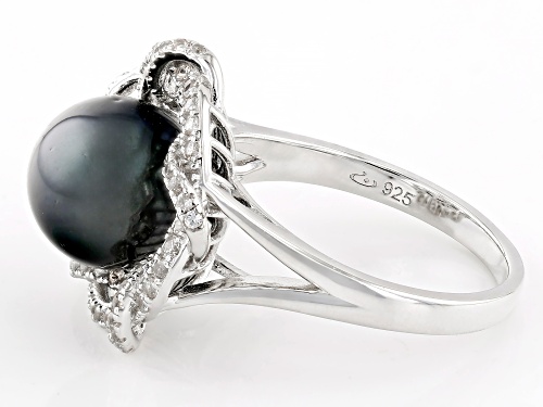 9-10mm Cultured Tahitian Pearl With White Zircon Rhodium Over Sterling Silver Ring - Size 7