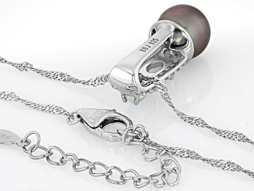 9-9.5mm Cultured Tahitian Pearl with Ethiopian Opal & White Zircon Rhodium Over Silver Pendant