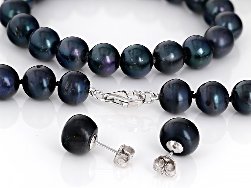 10.5mm Black Cultured Freshwater Pearl Rhodium Over Sterling Silver Necklace Bracelet & Earring Set