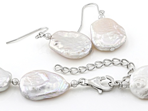Genusis™ 13-15mm White Cultured Freshwater Pearl Rhodium Over Silver Necklace And Earring Set