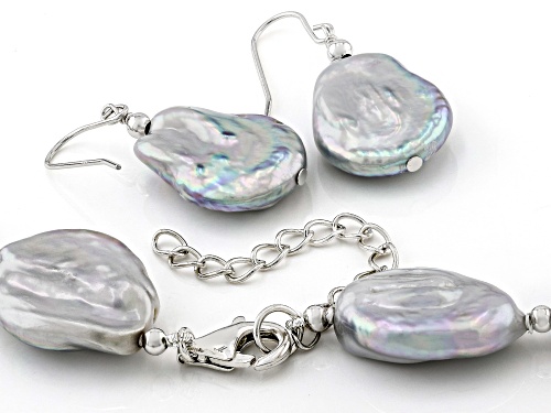 Genusis™ 13-15mm Platinum Cultured Freshwater Pearl Rhodium Over Silver Necklace And Earring Set