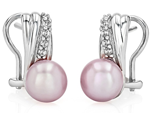 8-8.5mm Lavender Cultured Freshwater Pearl And White Zircon Rhodium Over Sterling Silver Earrings