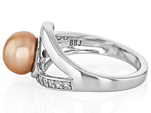 8-9mm Pink Cultured Freshwater Pearl With White Zircon Rhodium Over Sterling Silver Ring - Size 11