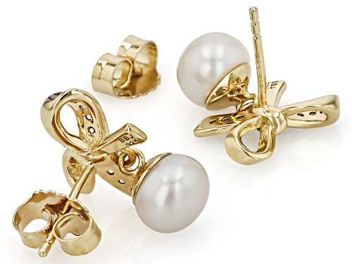 White Cultured Freshwater Pearl With White Zircon 18k Yellow Gold & Rhodium Over Silver Earrings