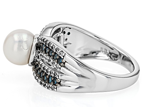 7mm Cultured Japanese Akoya Pearl With 0.65ctw Blue Diamond & Zircon Rhodium Over Silver Ring - Size 12
