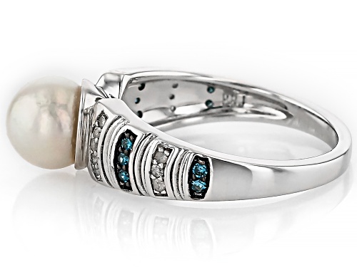 7mm Cultured Japanese Akoya Pearl With 0.26ctw Blue & White Diamond Rhodium Over Silver Ring - Size 12