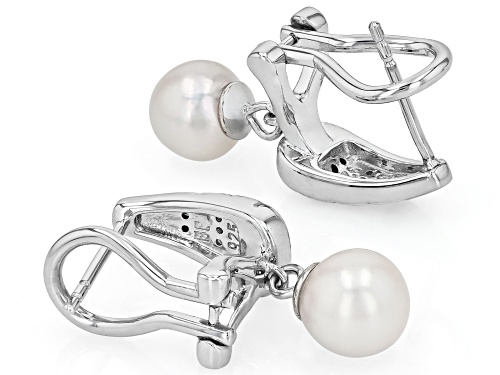 7mm Cultured Japanese Akoya Pearl With 0.11ctw Blue & White Diamond Rhodium Over Silver Earrings