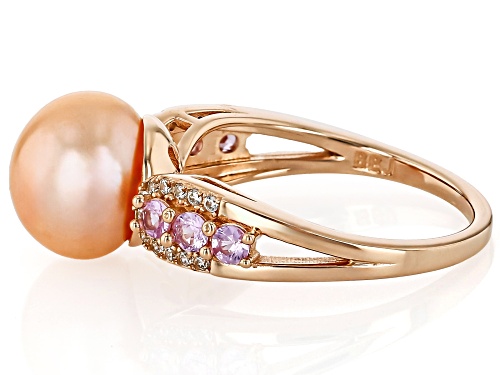 10mm Pink Cultured Freshwater Pearl With Pink Sapphire & Zircon 18k Rose Gold Over Silver Ring - Size 12