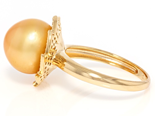 11mm Golden Cultured South Sea Pearl With White Zircon Rhodium Over Sterling Silver Ring - Size 9