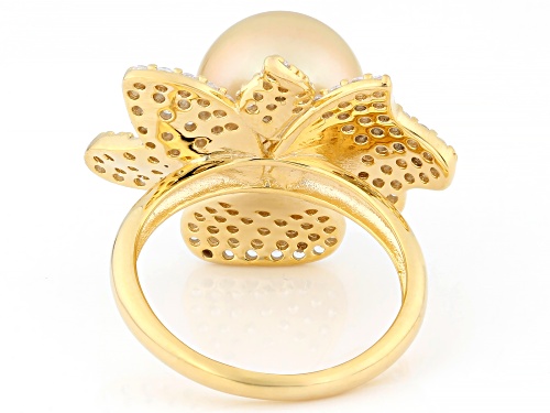 11mm Golden Cultured South Sea Pearl With Zircon 18k Yellow Gold Over Sterling Silver Ring - Size 7