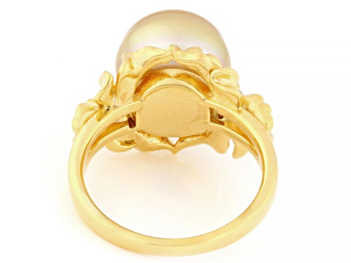 11mm Golden Cultured South Sea Pearl With White Zircon 18k Yellow Gold Over Sterling Silver Ring - Size 11