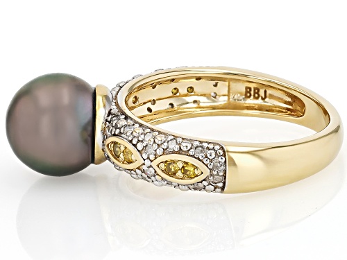 8.5mm Cultured Tahitian Pearl With 0.24ctw Canary & White Diamond 18K Yellow Gold Over Silver Ring - Size 8