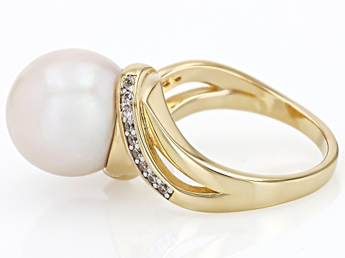 Genusis™ 12mm White Cultured Freshwater Pearl With White Zircon 18K Yellow Gold Over Silver Ring - Size 7