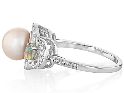 Genusis™ 7mm White Cultured Freshwater Pearl With Opal & White Zircon Rhodium Over Silver Ring - Size 9