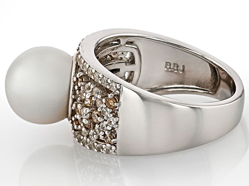 9.5mm White Cultured Freshwater Pearl With Champagne Diamond & Zircon Rhodium Over Silver Ring - Size 11