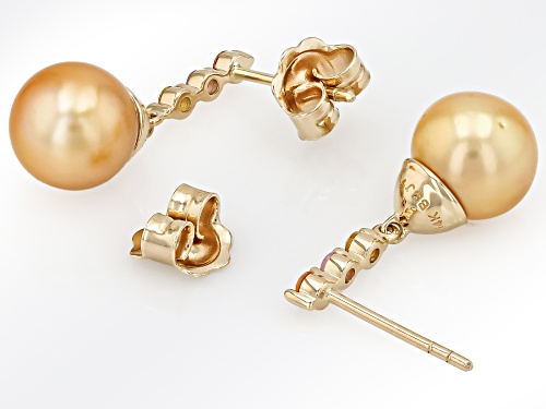 8mm Golden Cultured South Sea Pearl With Multi Color Sapphire 14K Yellow Gold Earrings